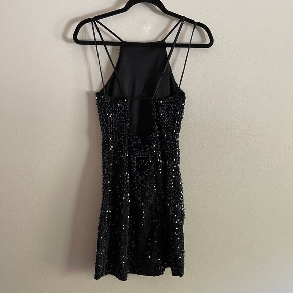 Express Women S Black Sequin Holiday Cocktail Party Open Back Halter Mini Dress - Picture 7 of 11